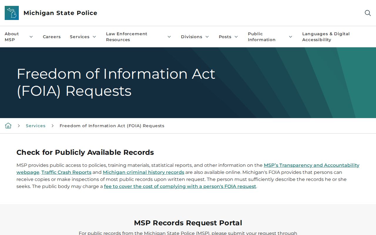 Schoolcraft County arrest report Michigan State Police FOIA page