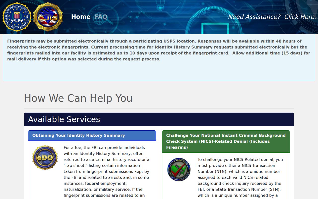 FBI identity history request portal related to Schoolcraft County court record review
