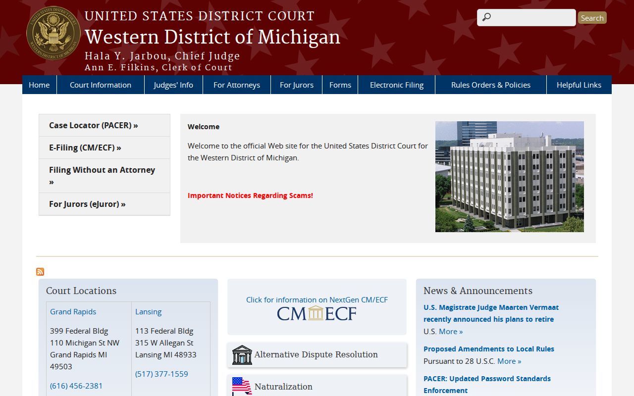 Western District of Michigan court site for federal Schoolcraft County criminal cases
